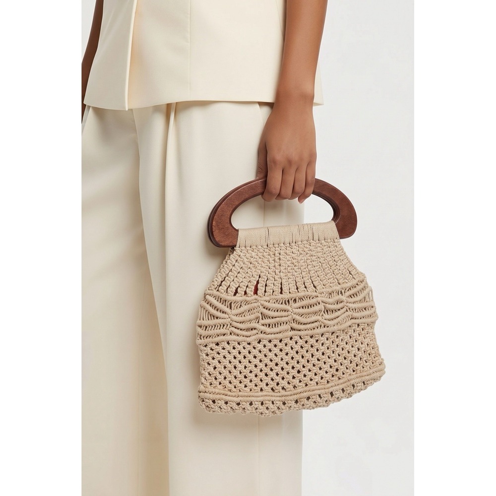 Vintage 70s Macrame Handbag Wood Handles Floral Lining Boho Hippie Beige Purse